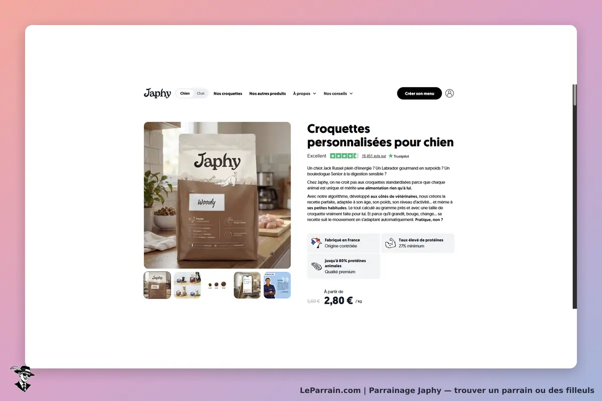Japhy : page présentant des croquettes personnalisées pour chien avec un emballage et des