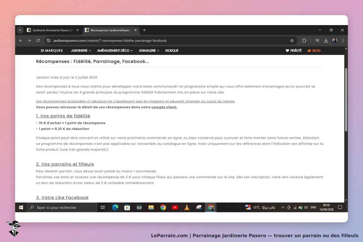 Jardinerie Pasero : page sur les récompenses de fidélité et parrainage avec explications