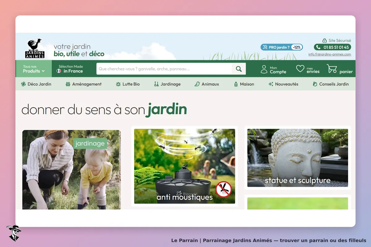 Jardins Animés : page d'accueil avec catégories jardinage, anti-moustiques et sculptures