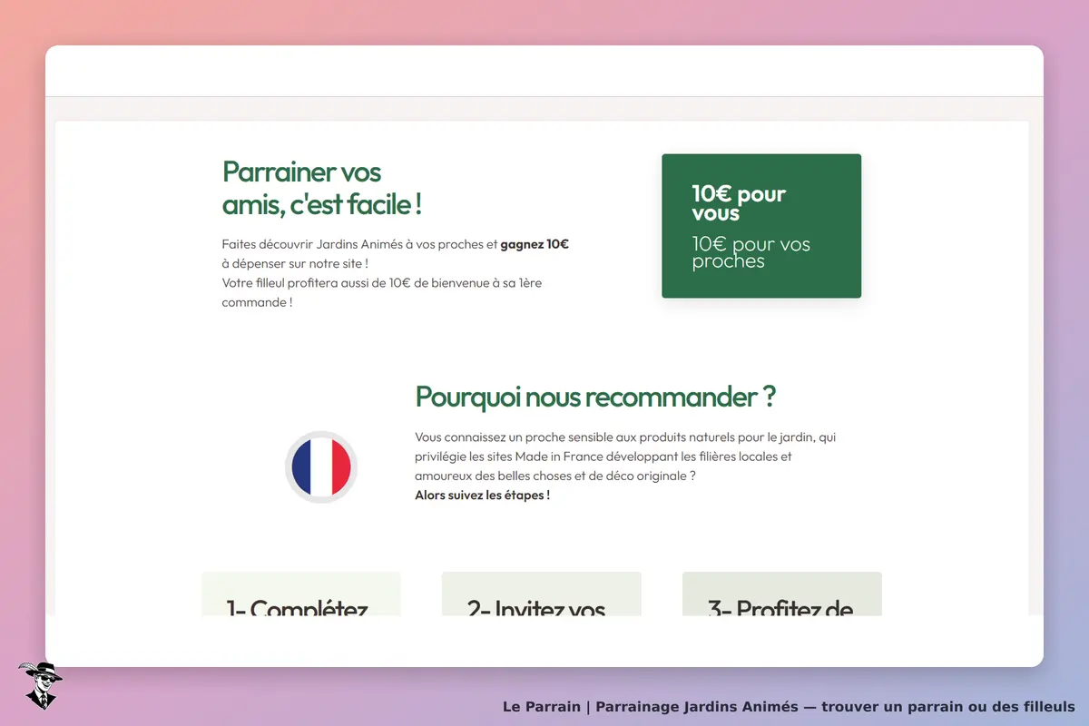Jardins Animés : page d'accueil avec un texte sur le parrainage et des étapes à suivre