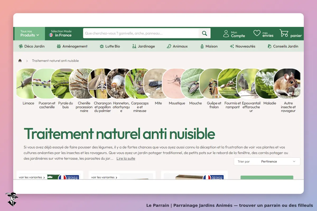 Jardins Animés : page d'accueil avec traitement naturel anti nuisible et images d'insectes