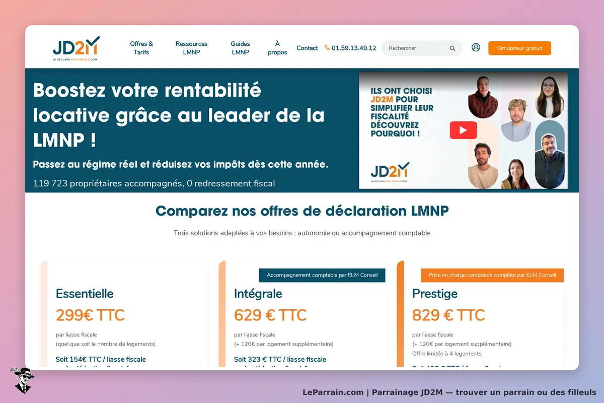 JD2M : page d'accueil présentant des offres de déclaration LMNP avec tarifs et services associés