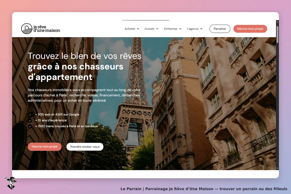 Je Rêve d’une Maison : page d'accueil avec texte sur les chasseurs d'appartement à Paris