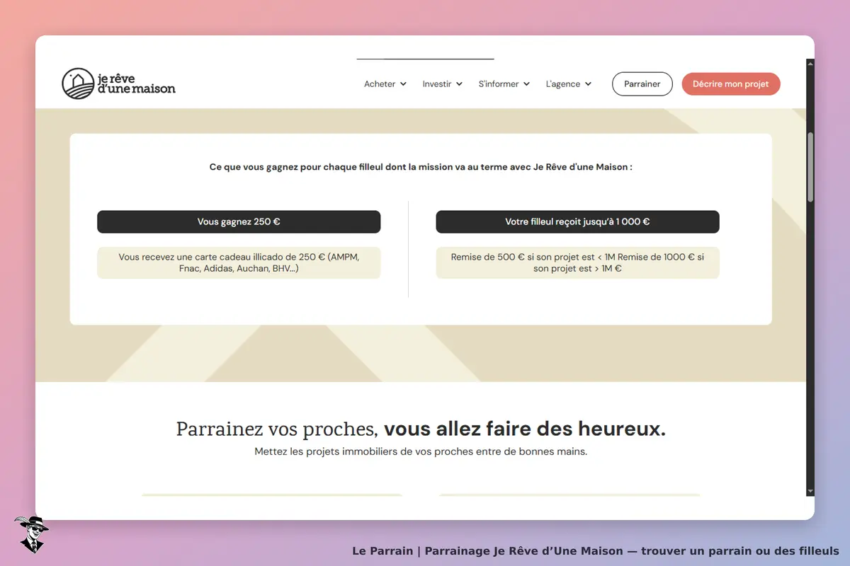 Je Rêve d’une Maison : page d'accueil avec informations sur le parrainage et les gains