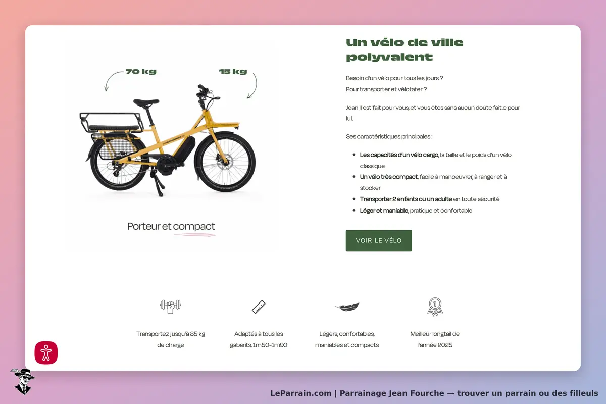 Jean Fourche : un vélo de ville jaune, compact, avec des caractéristiques et un texte descriptif