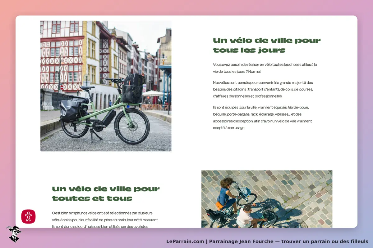 Jean Fourche : un vélo de ville vert avec accessoires, en arrière-plan des maisons colorées