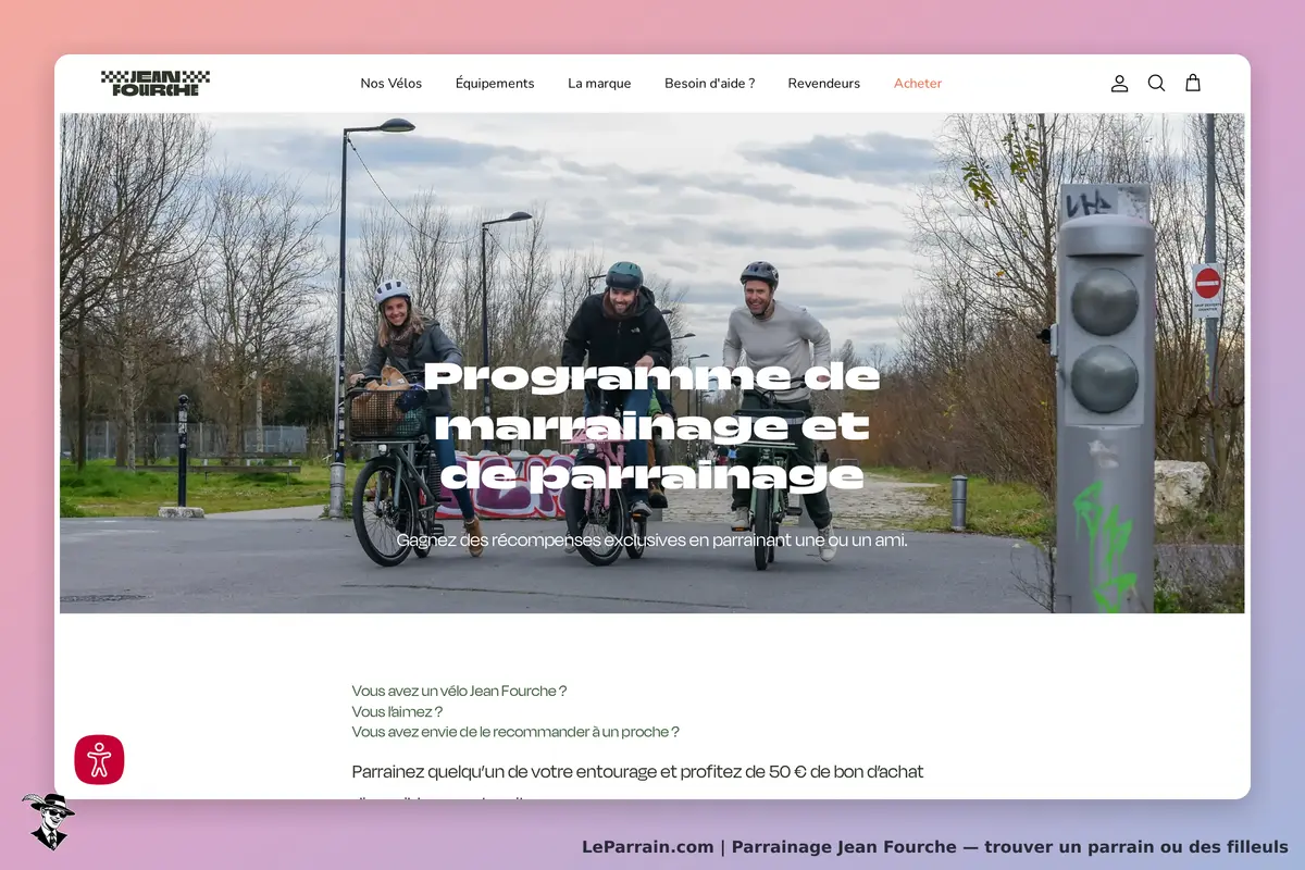 Jean Fourche : page d'accueil présentant le programme de parrainage avec des cyclistes