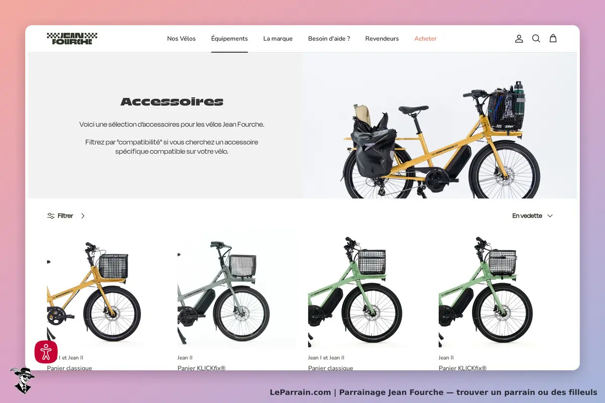 Jean Fourche : page des accessoires avec vélos et paniers affichés en catégorie