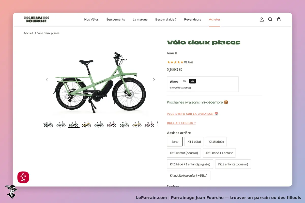 Jean Fourche : vélo deux places Jean II avec options d'assises arrière et détails de livraison
