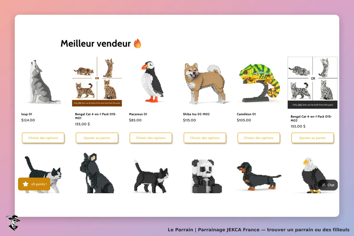 JEKCA France : page d'accueil avec des modèles d'animaux en briques et options d'achat