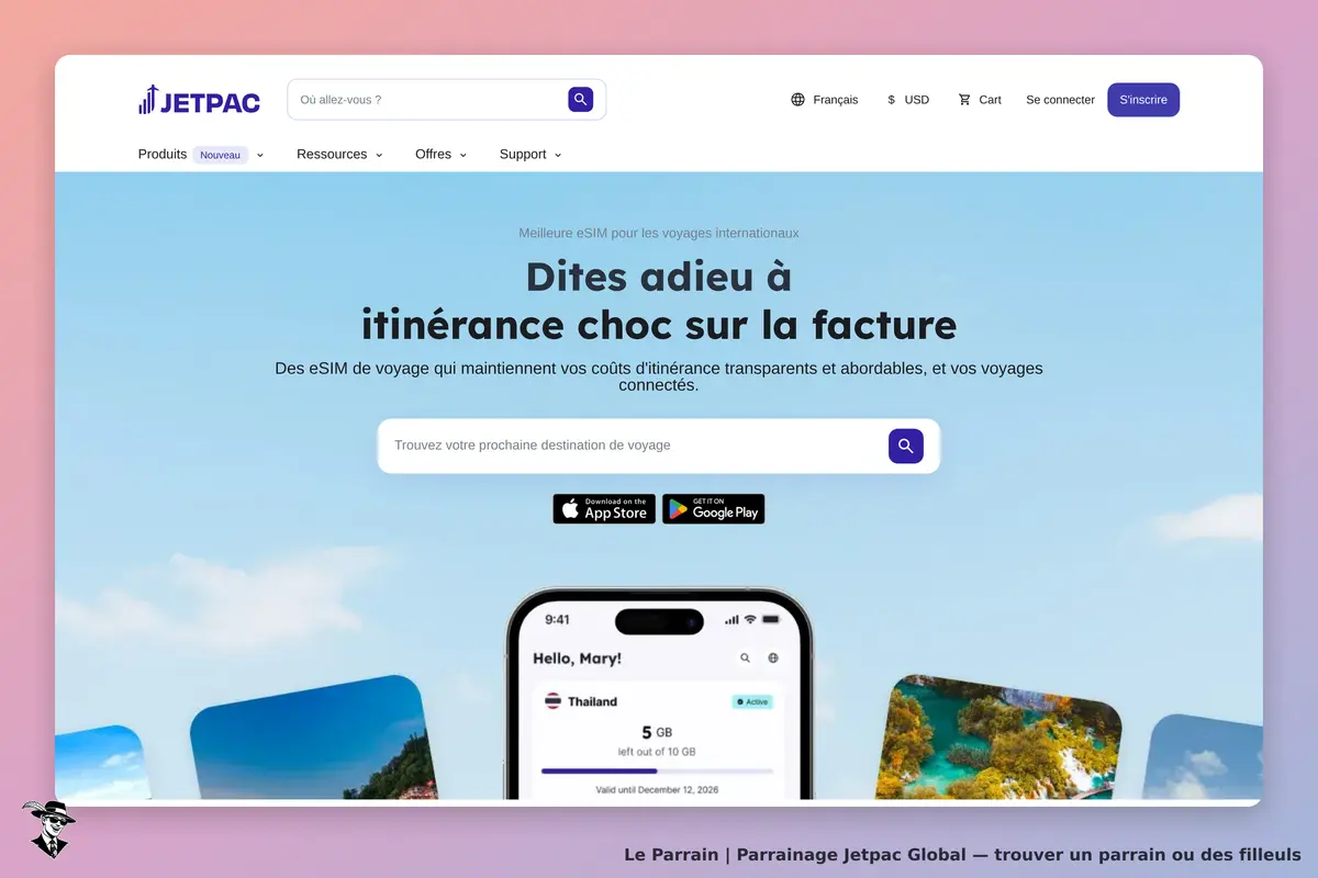 Jetpac Global : jetpac : page d'accueil avec un smartphone affichant des informations sur une eSIM