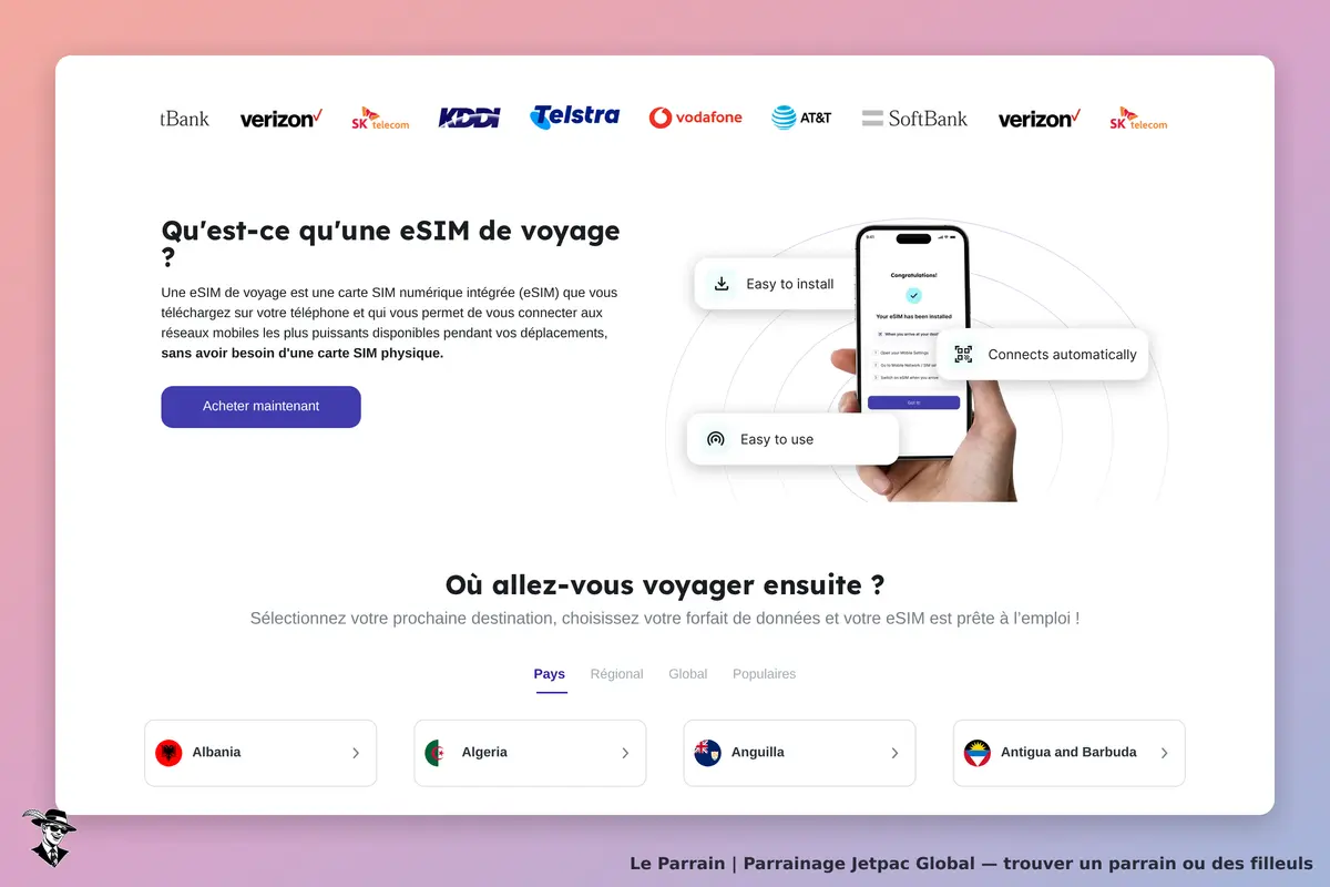 Jetpac Global : page d'accueil présentant l'eSIM de voyage et options de destinations