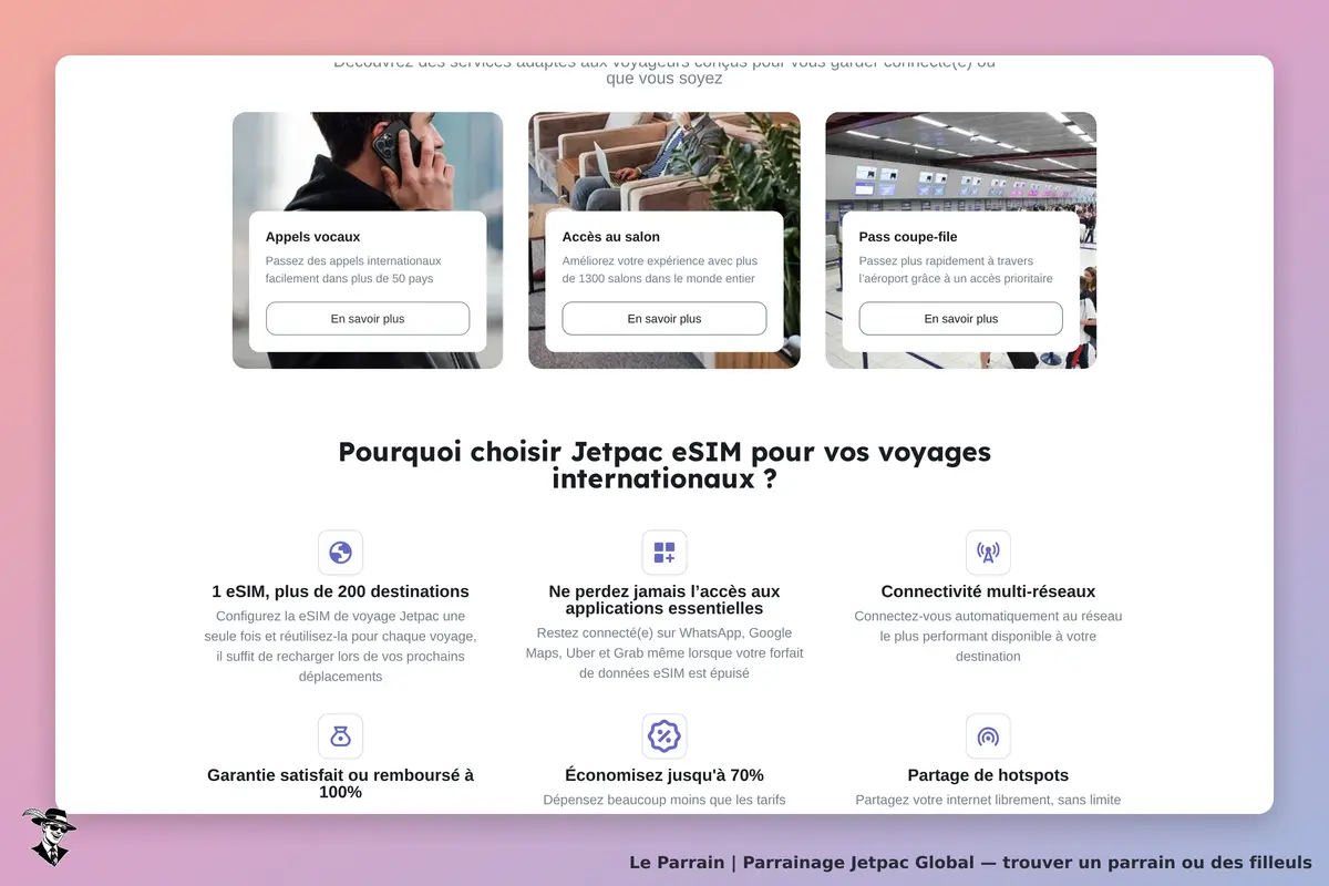 Jetpac Global : page d'accueil présentant des services pour voyageurs internationaux