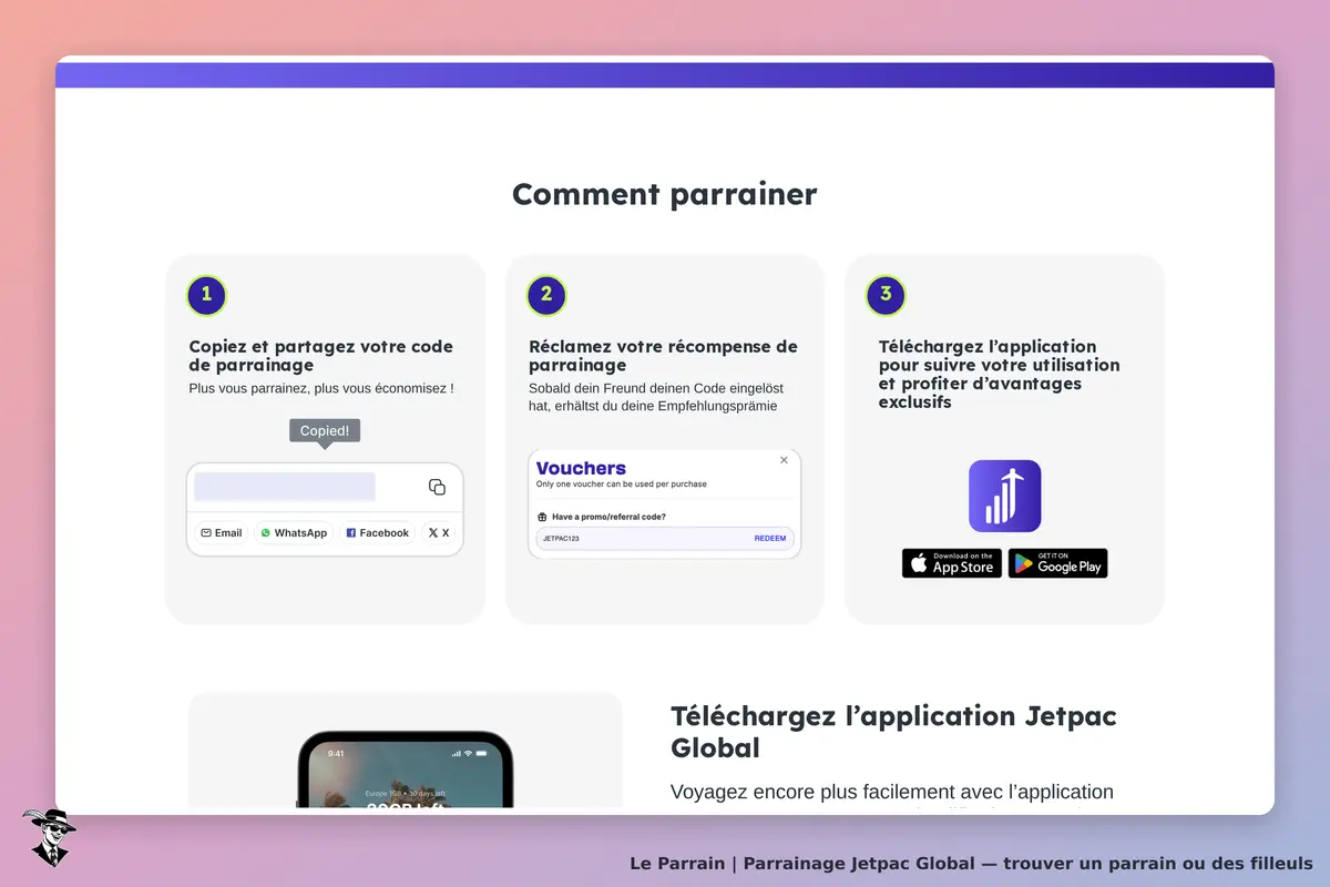 Jetpac Global : étapes pour parrainer avec code et téléchargement de l'application