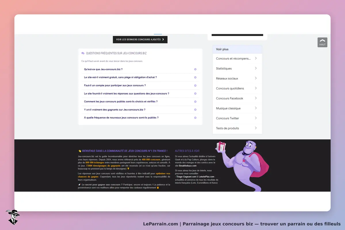 jeux concours biz : page d'accueil avec FAQ et sections de navigation sur les concours et