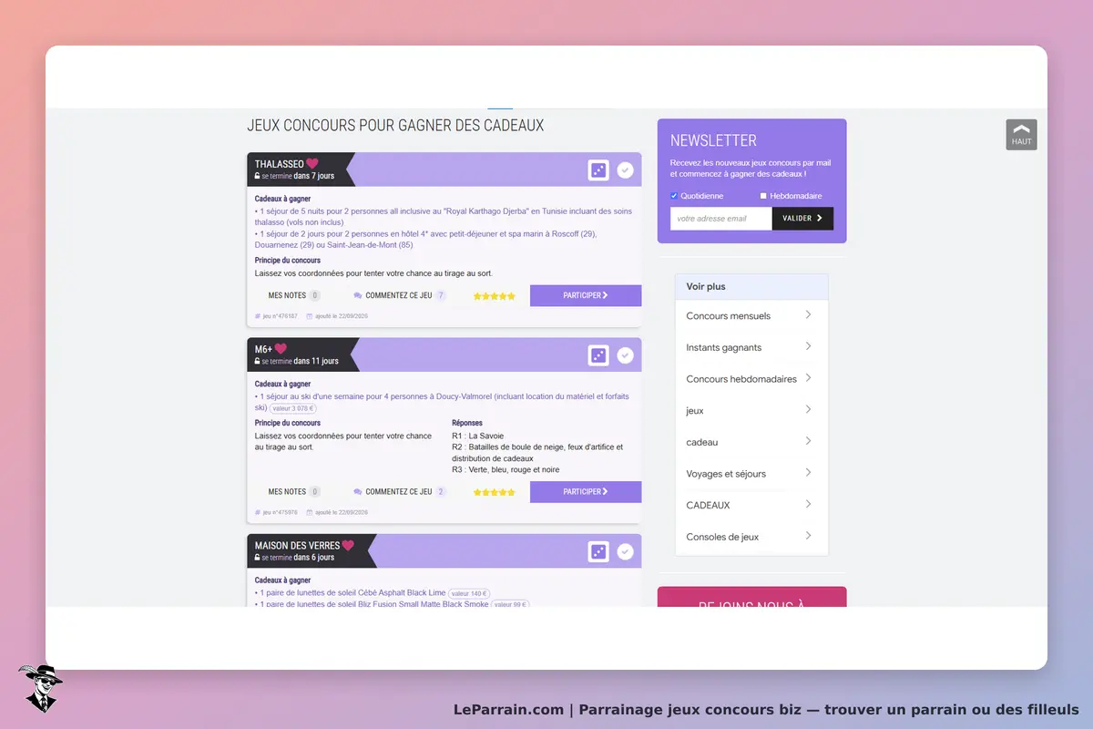 jeux concours biz : page d'accueil avec plusieurs concours et une section pour s'inscrire à la