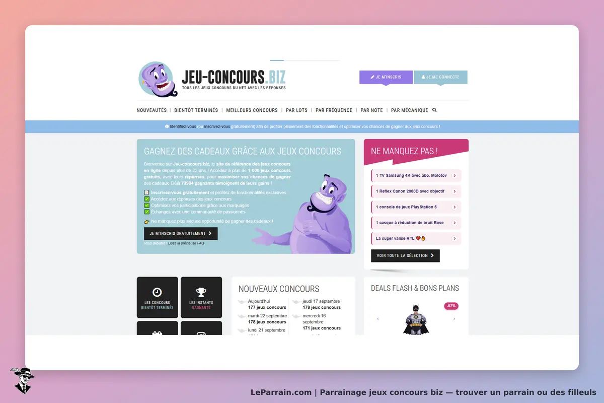jeux concours biz : page d'accueil présentant des concours, un personnage et des informations