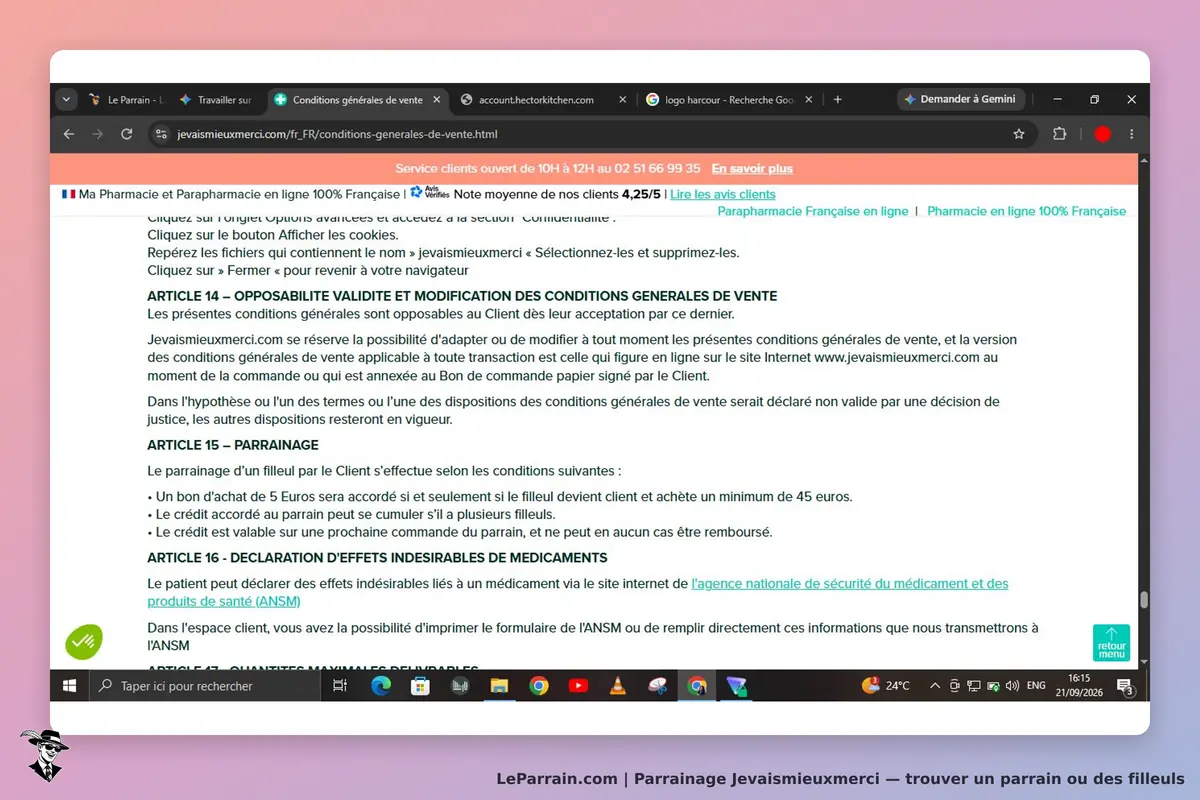 Jevaismieuxmerci : conditions générales de vente affichées sur la page d'accueil du site