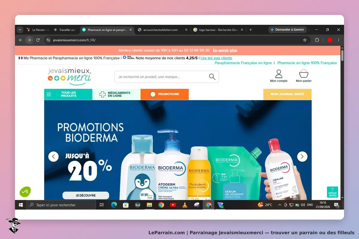 Jevaismieuxmerci : page d'accueil avec produits Bioderma en promotion sur fond bleu