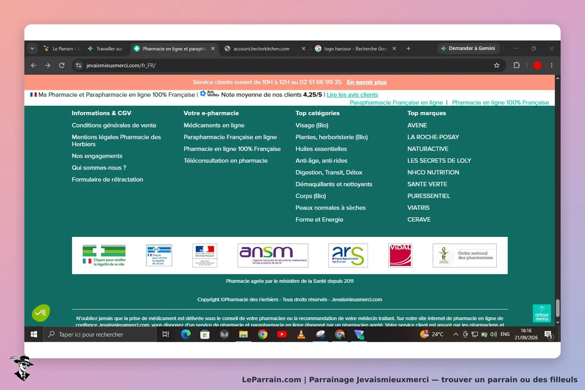 Jevaismieuxmerci : page d'accueil avec informations sur la pharmacie en ligne et catégories de