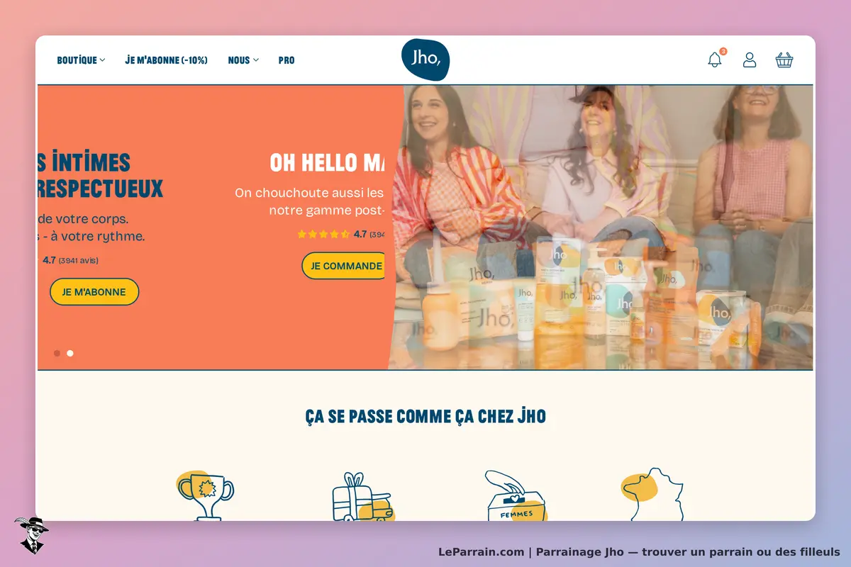 Jho : page d'accueil avec produits et trois femmes souriantes sur un canapé