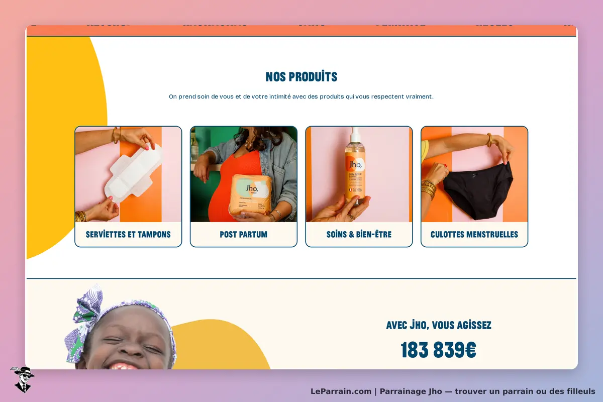 Jho : présentation de produits pour l'hygiène intime avec images et descriptions