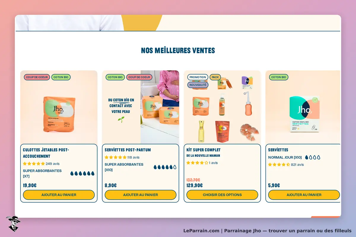 Jho : page d'accueil avec les meilleures ventes et divers produits présentés