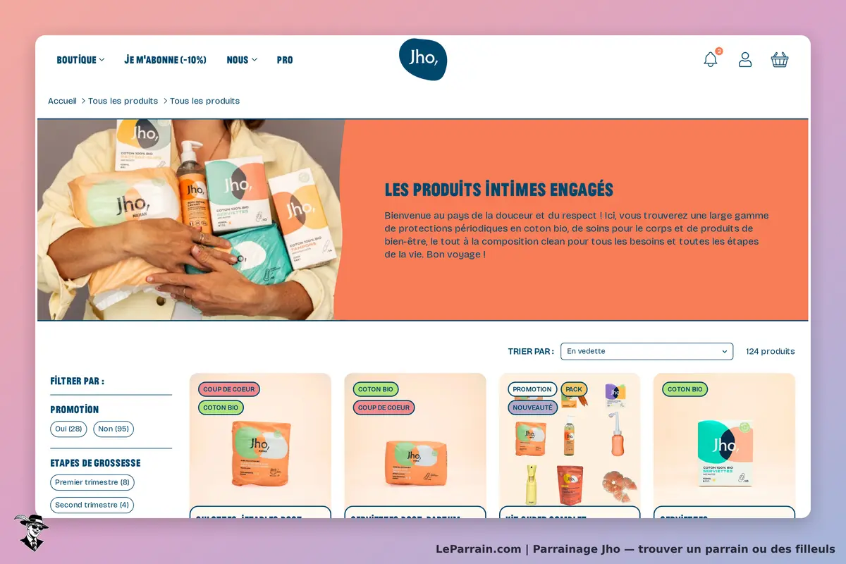 Jho : page d'accueil présentant divers produits en coton bio et un message d'accueil