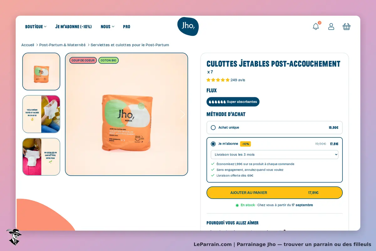 Jho : culottes jetables post-accouchement avec options d'achat et avis clients affichés