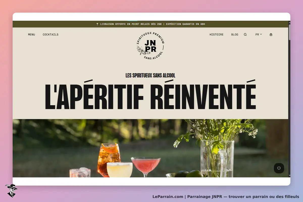 JNPR : page d'accueil présentant des cocktails sans alcool et une ambiance estivale