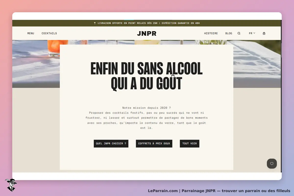 JNPR : page d'accueil présentant des cocktails sans alcool avec un texte explicatif