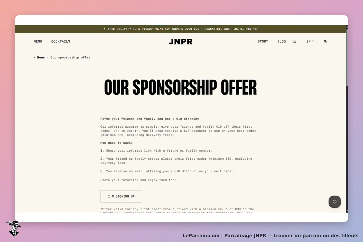 JNPR : page présentant l'offre de parrainage avec instructions et bouton d'inscription