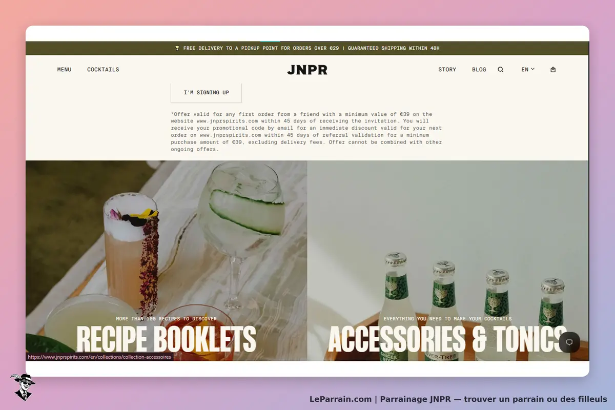 JNPR : page d'accueil présentant des livrets de recettes et des accessoires pour cocktails