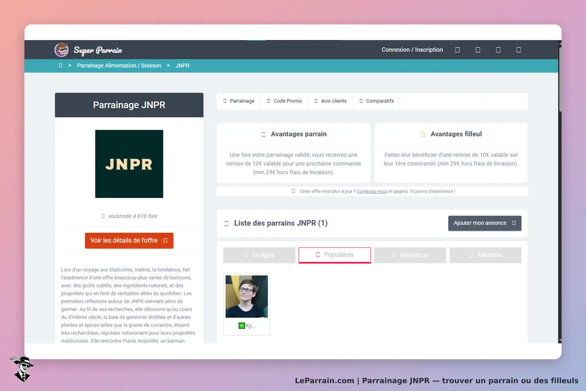 JNPR : page de parrainage avec logo, avantages et liste des parrains visibles