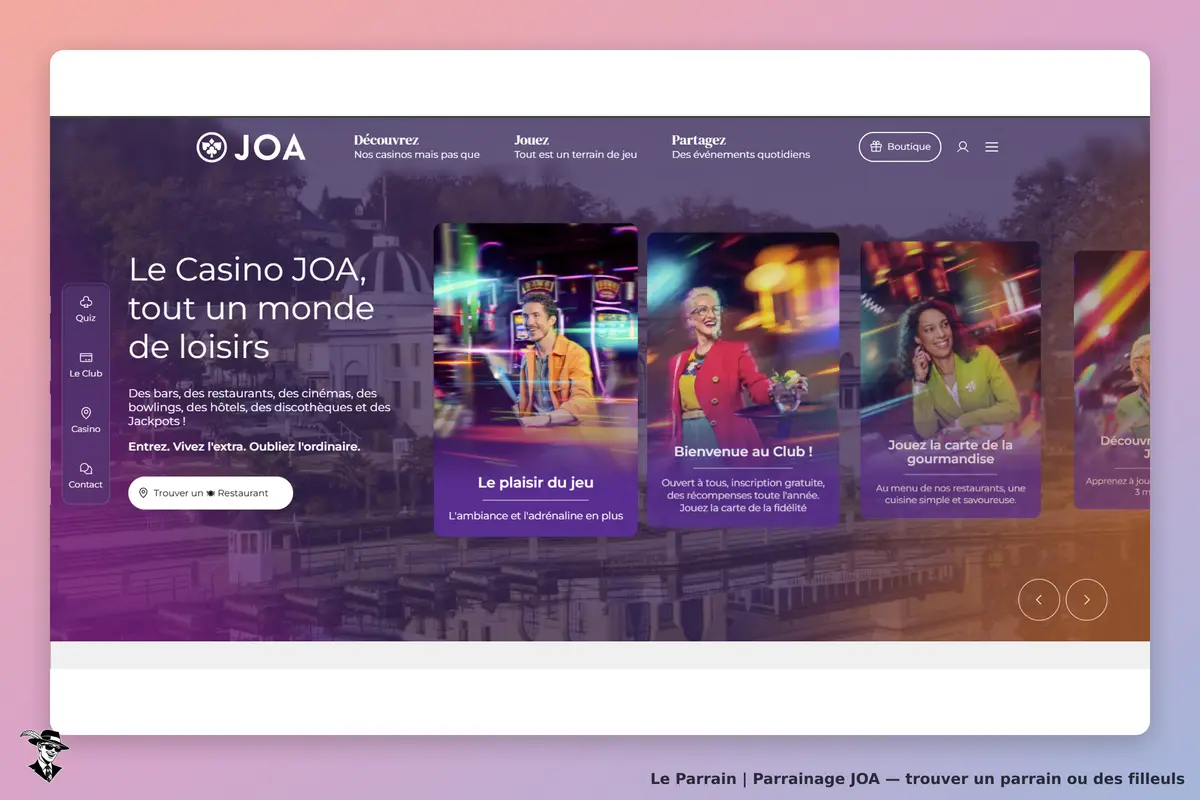 JOA : page d'accueil présentant des activités de loisirs et des promotions du casino