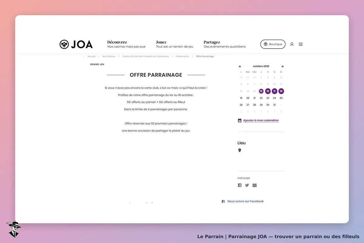 JOA : page d'accueil présentant une offre de parrainage et un calendrier d'octobre 2026