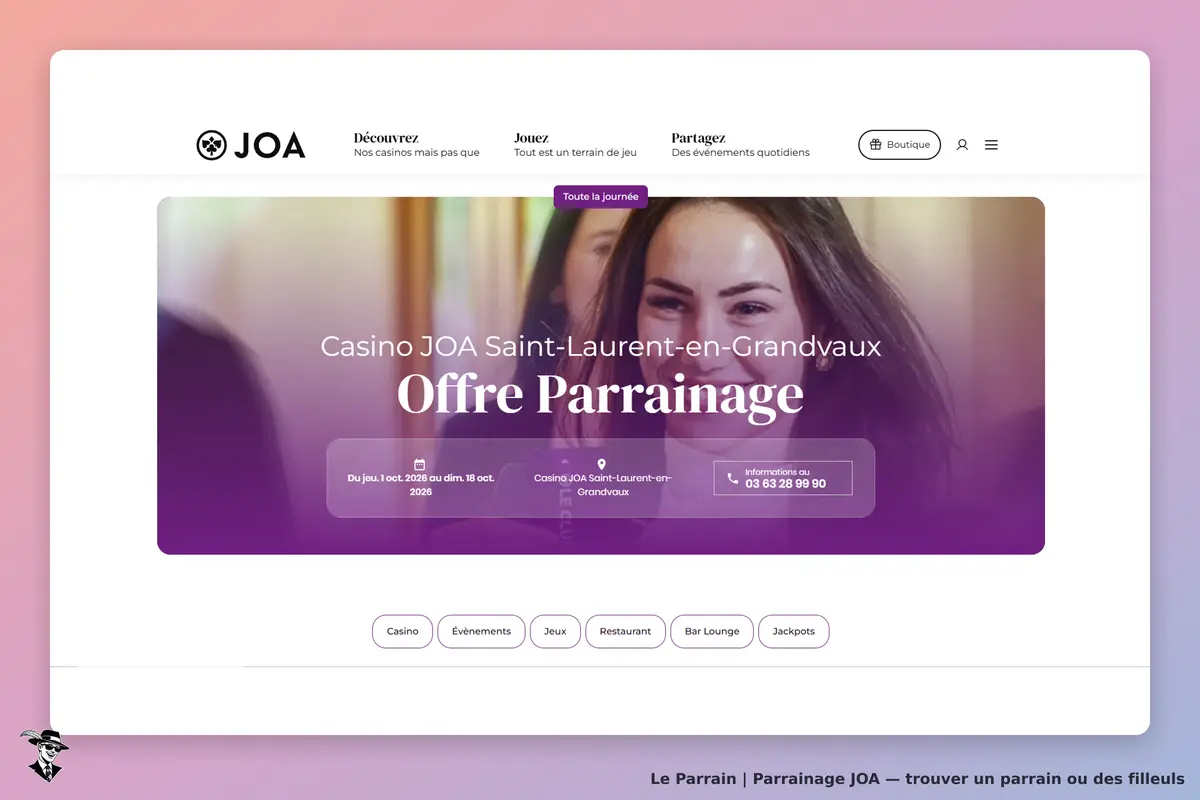 JOA : page d'accueil avec une image et des informations sur le casino et l'offre de parrainage