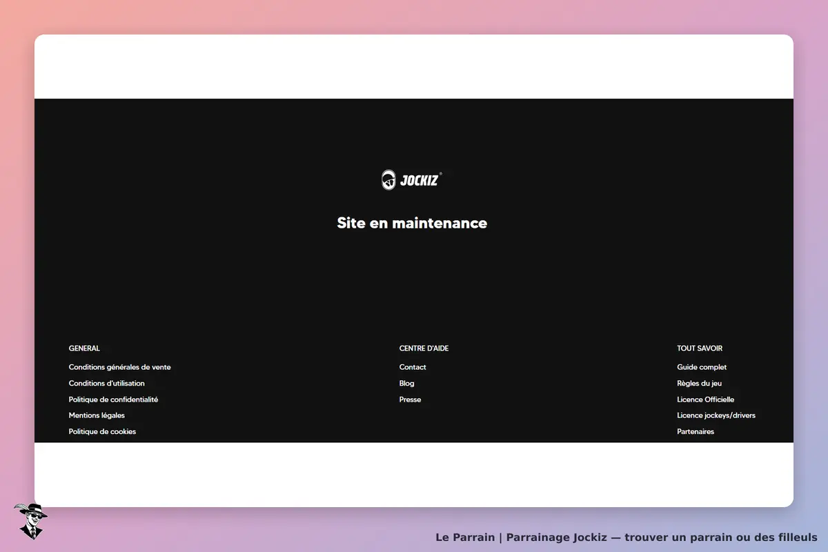 Jockiz : page indiquant que le site est en maintenance avec des liens en bas de page
