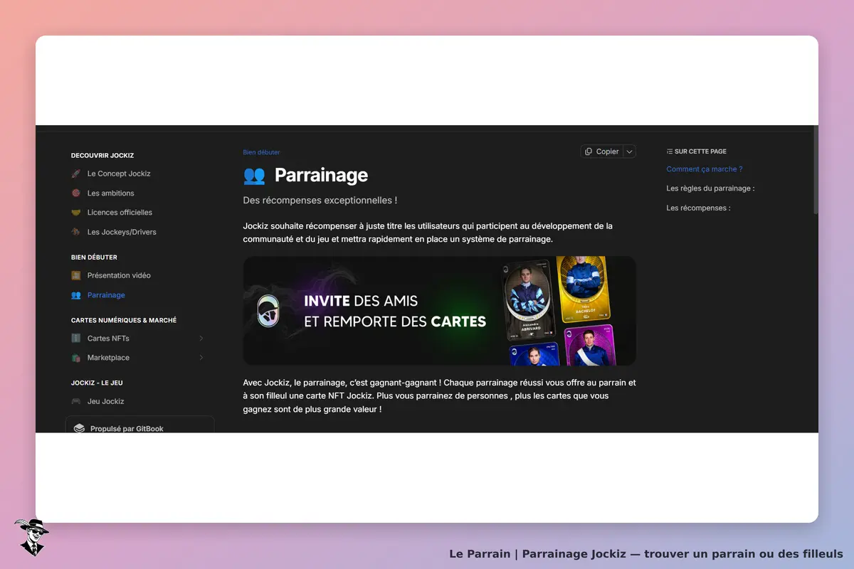 Jockiz : page de parrainage avec texte et images de cartes numériques affichées