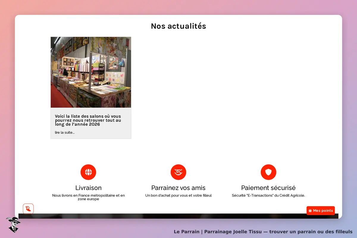 Joelle Tissu : section "Nos actualités" avec photo de salon et informations sur les événements