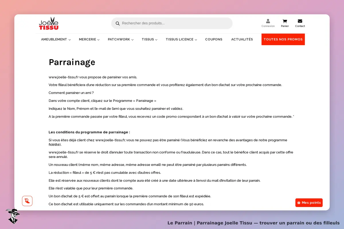 Joelle Tissu : page de parrainage avec instructions et conditions pour parrainer un ami
