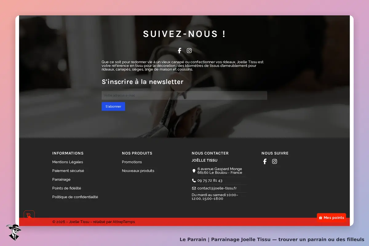 Joelle Tissu : section inférieure de la page d'accueil avec inscription à la newsletter