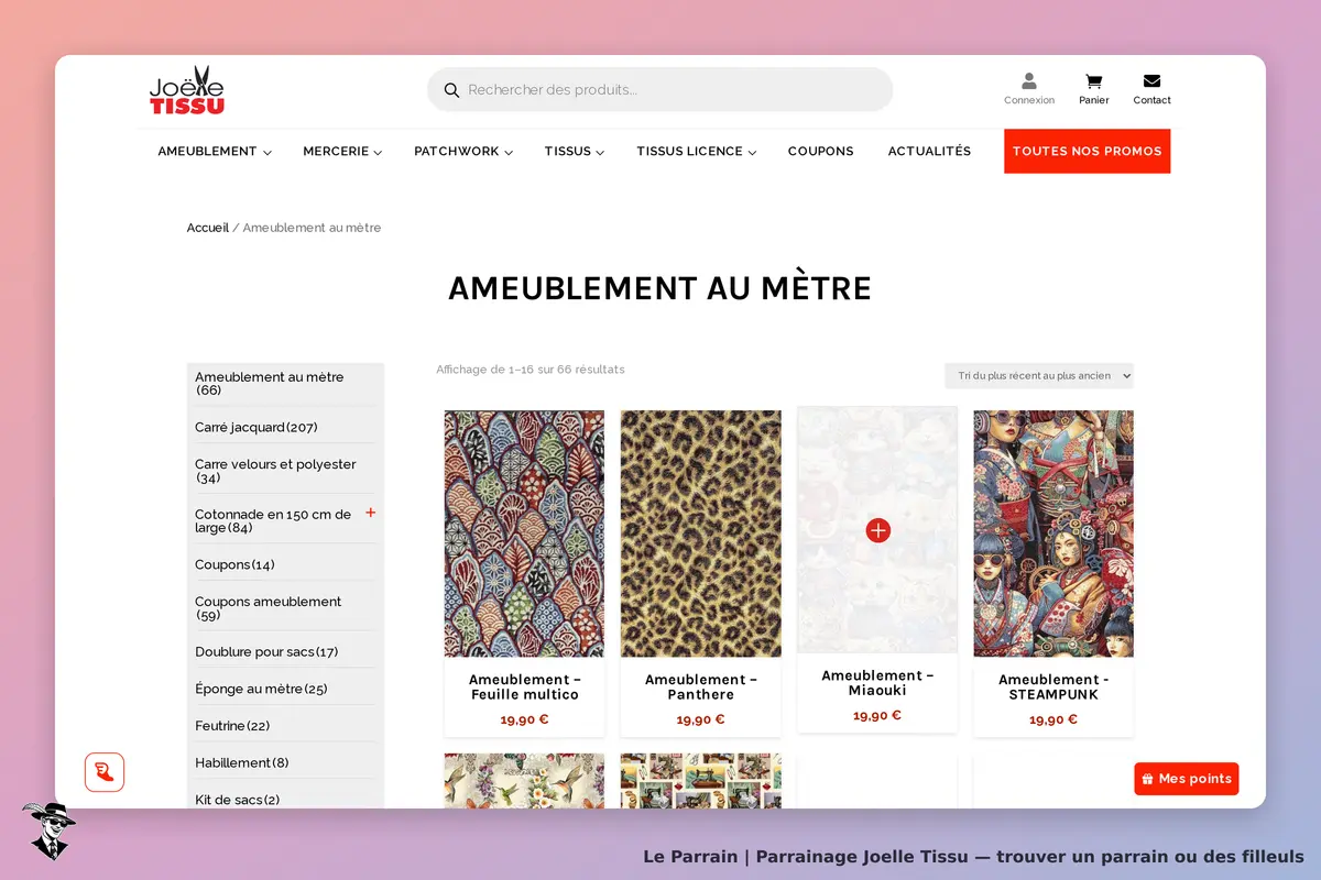 Joelle Tissu : catégorie Ameublement au mètre avec plusieurs tissus affichés en vignettes