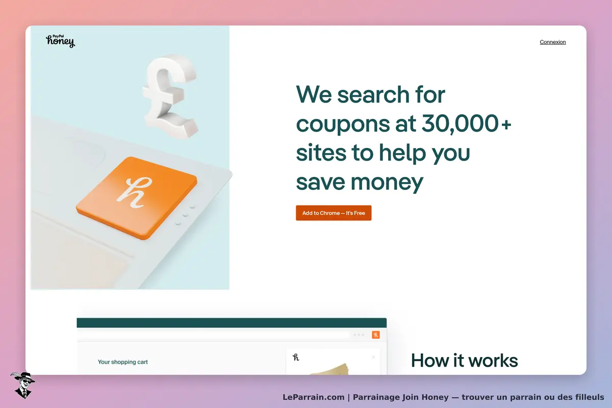 Join Honey : page d'accueil avec logo, texte sur les coupons et bouton d'ajout à Chrome