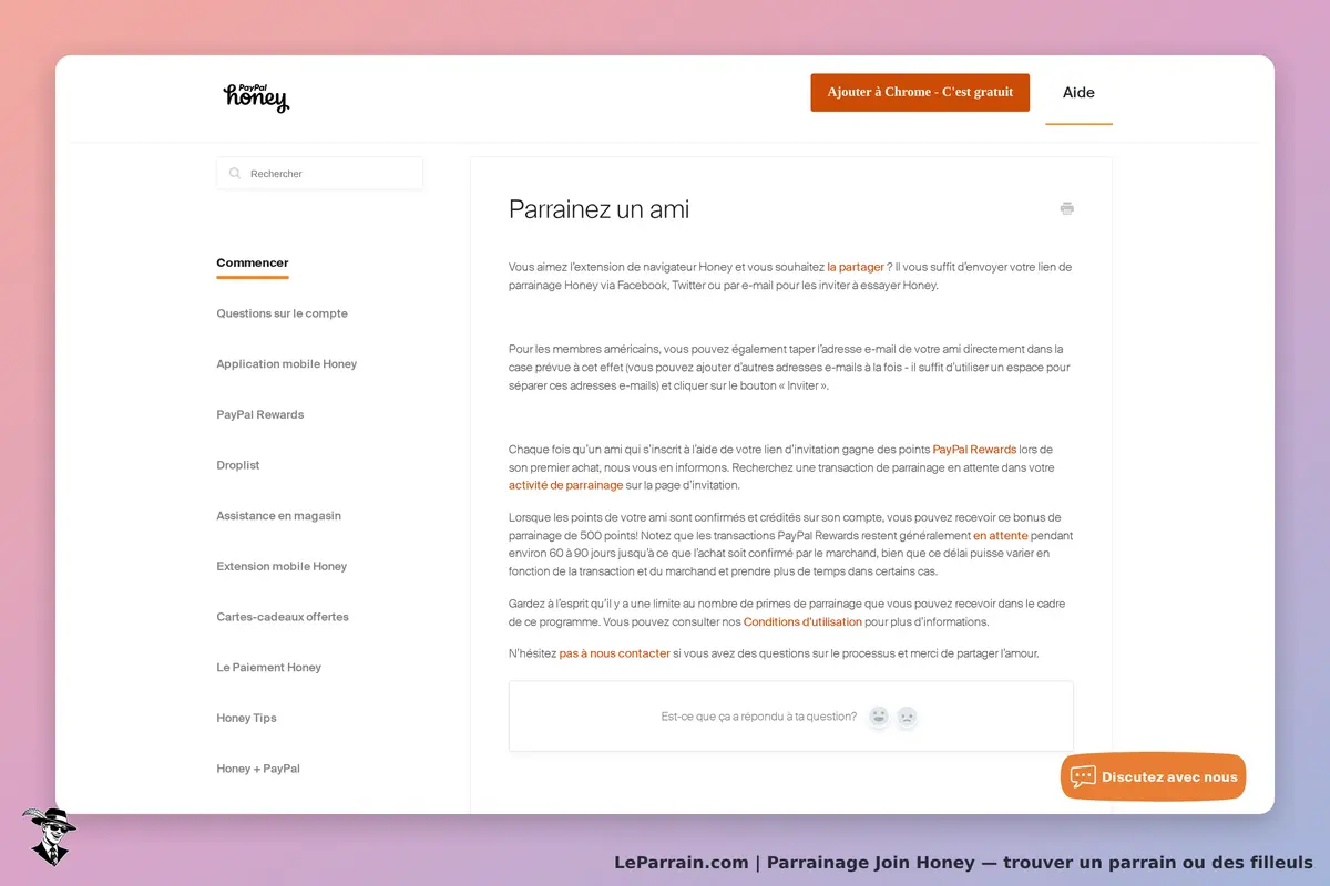 Join Honey : page de parrainage avec explications et options pour inviter des amis