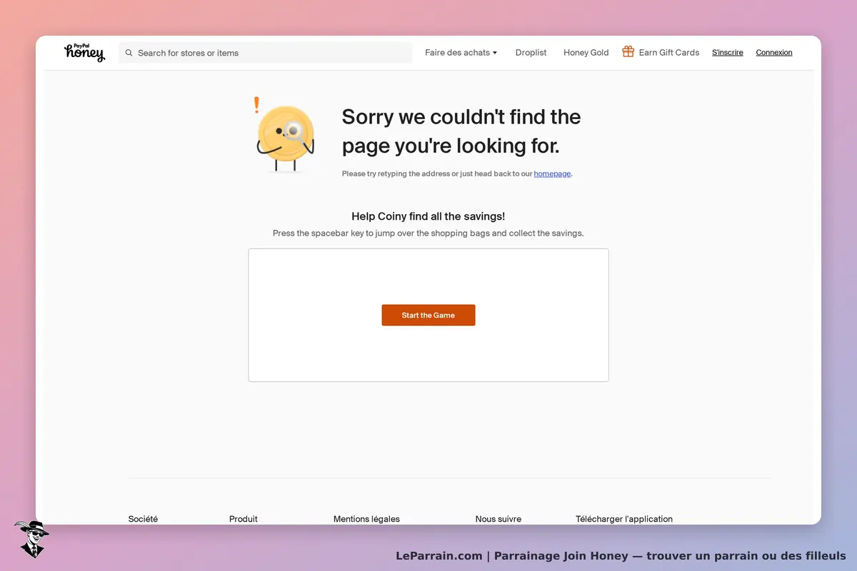 Join Honey : page d'erreur avec message et bouton pour commencer un jeu interactif