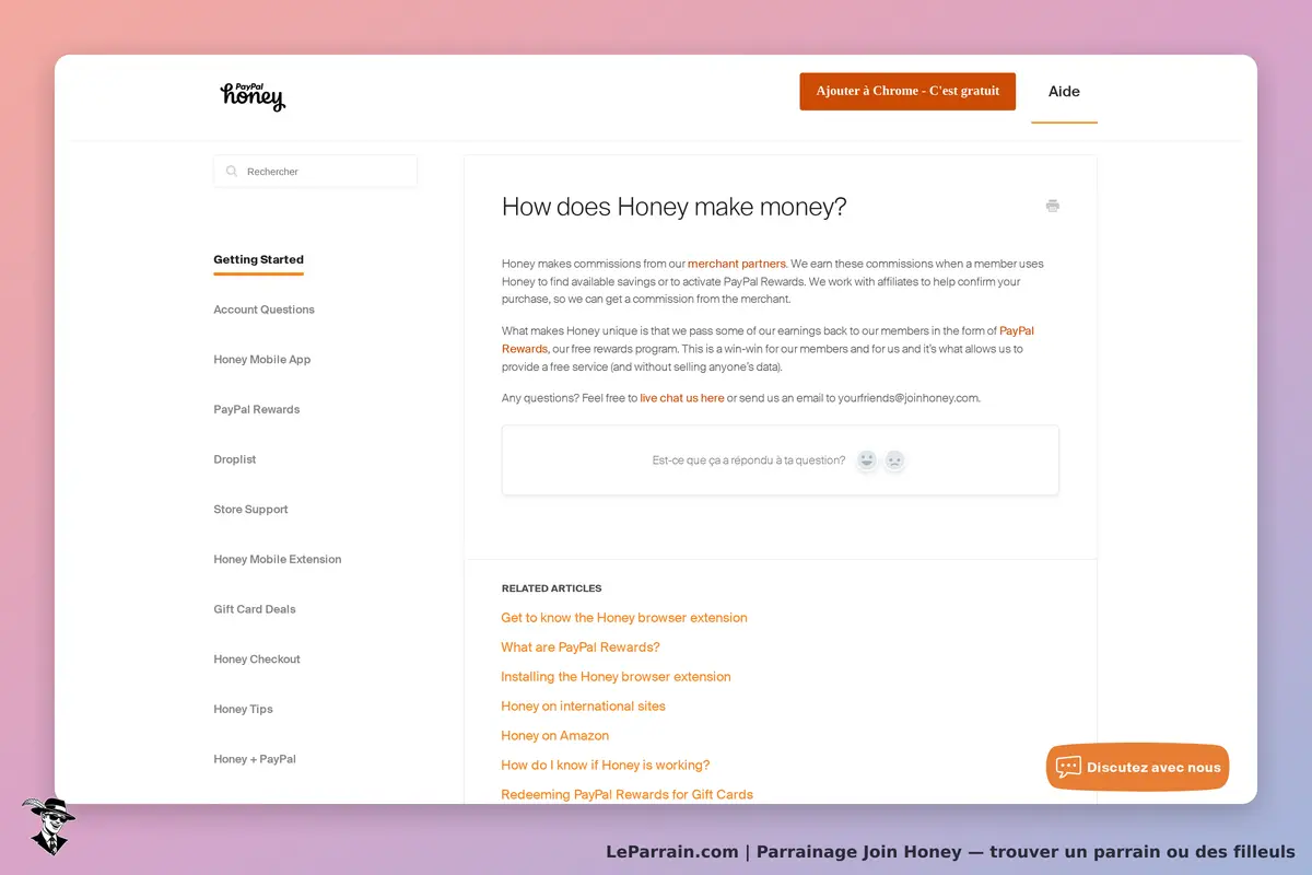 Join Honey : explication sur le fonctionnement de Honey et options d'assistance visibles