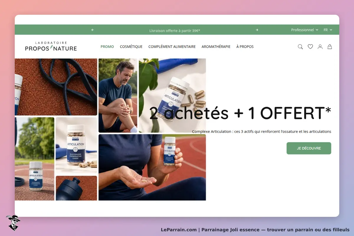 Joli essence : page d'accueil avec produits et visuels liés à la santé des articulations