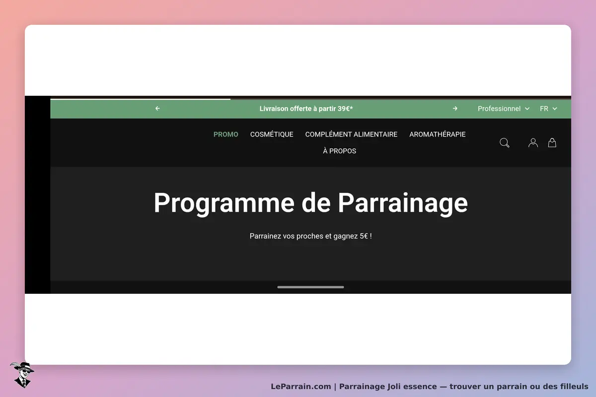 Joli Essence : page d'accueil avec le programme de parrainage en gros caractères