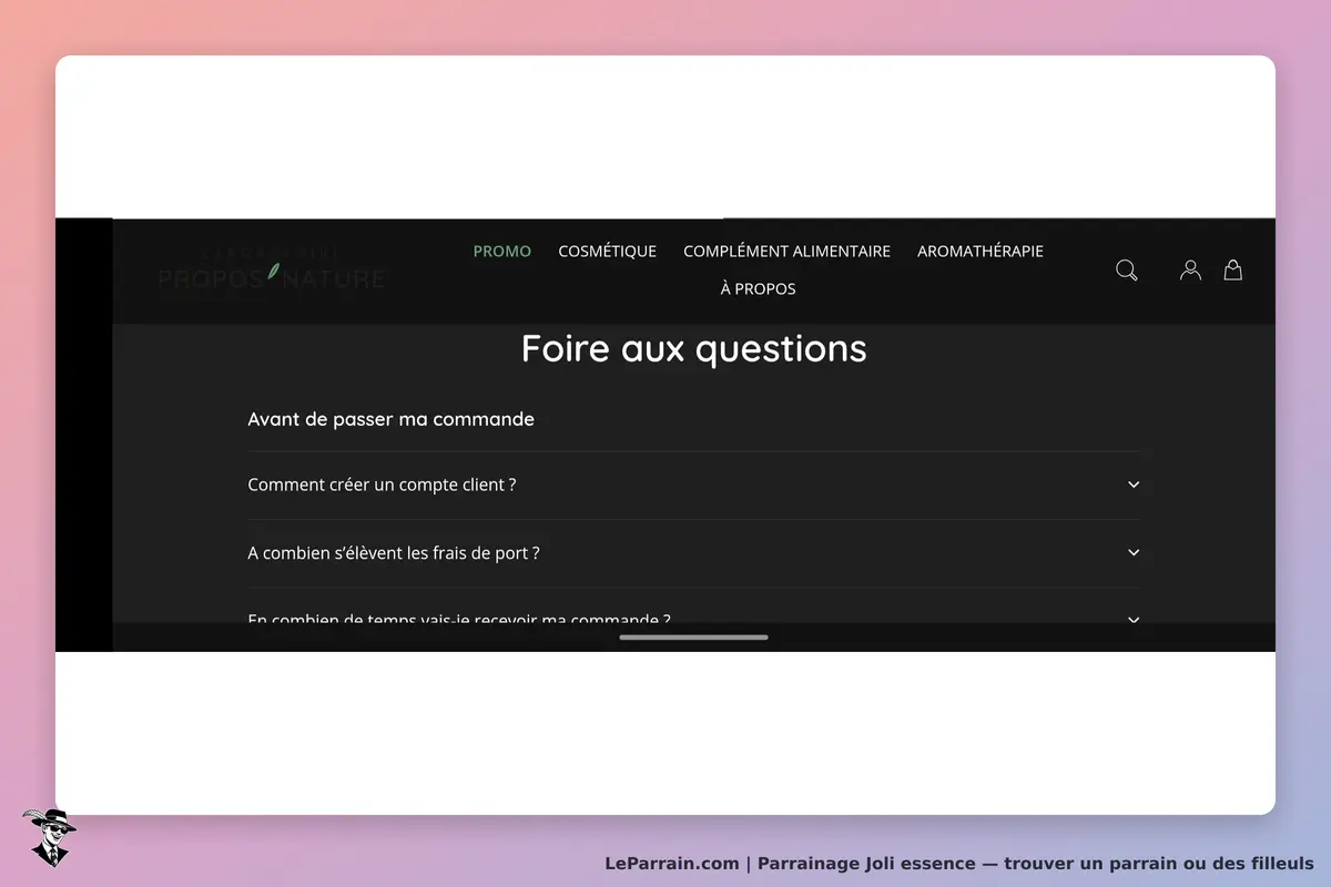 Joli essence : page FAQ avec questions sur la commande et création de compte client